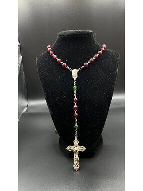 Vintage Rosary Necklace Red & Green Glass Beads Ornate Silver-Tone Crucifix Pend